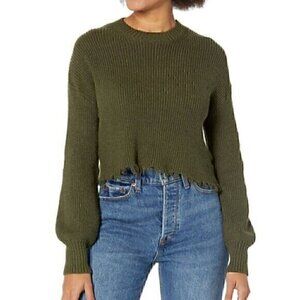 STEVE MADDEN Camille Crop Sweater Olive Green Chunky Distressed Raw Hem Cropped
